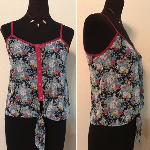 Floral button down tank with front tie - Picture 1 of 2